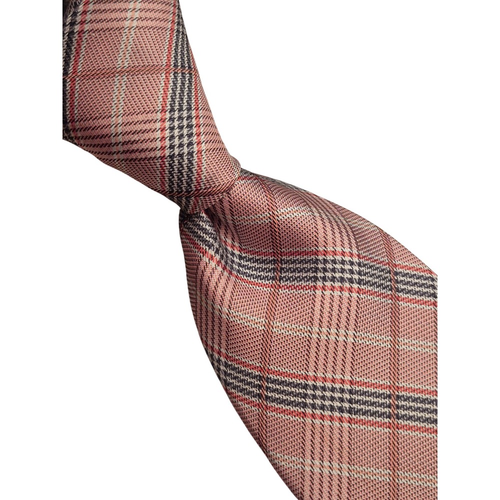 Michelsons of London Seven Fold Tie Mens Pink Grey Plaid Woven Silk Linen Blend